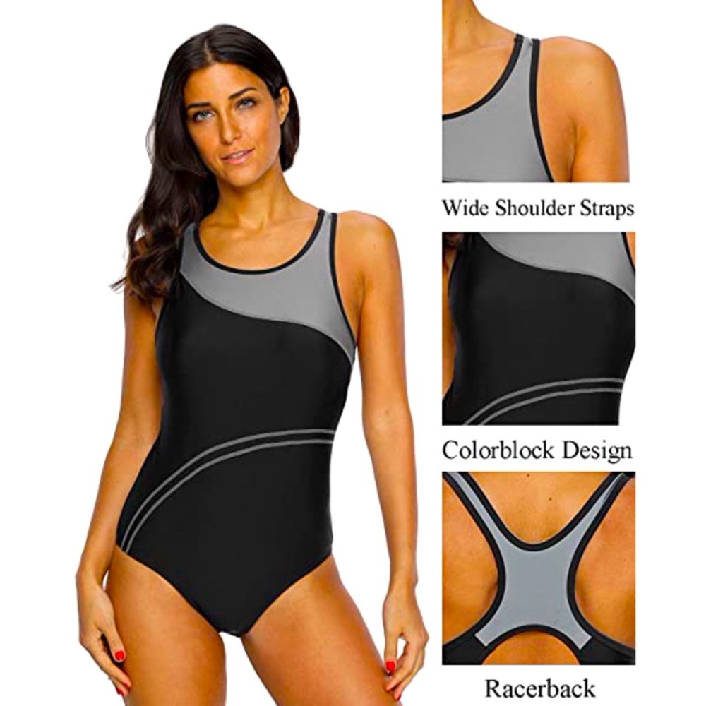 NEW Charmo One Piece Athletic Racerback Bathing Suit Color Block Swimsuit 50UPF